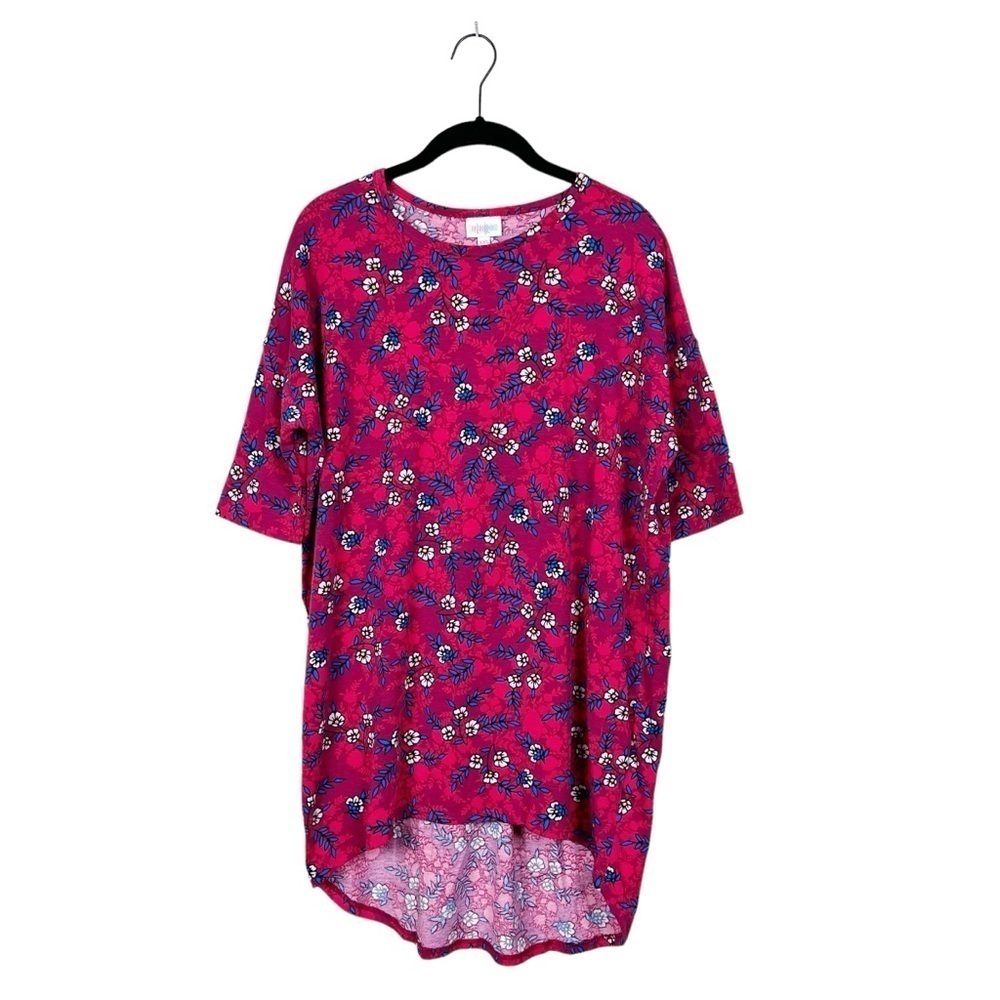 LuLaRoe Red Floral Colorful Irma Short Sleeve Hi-Lo Tunic Top Size XXS